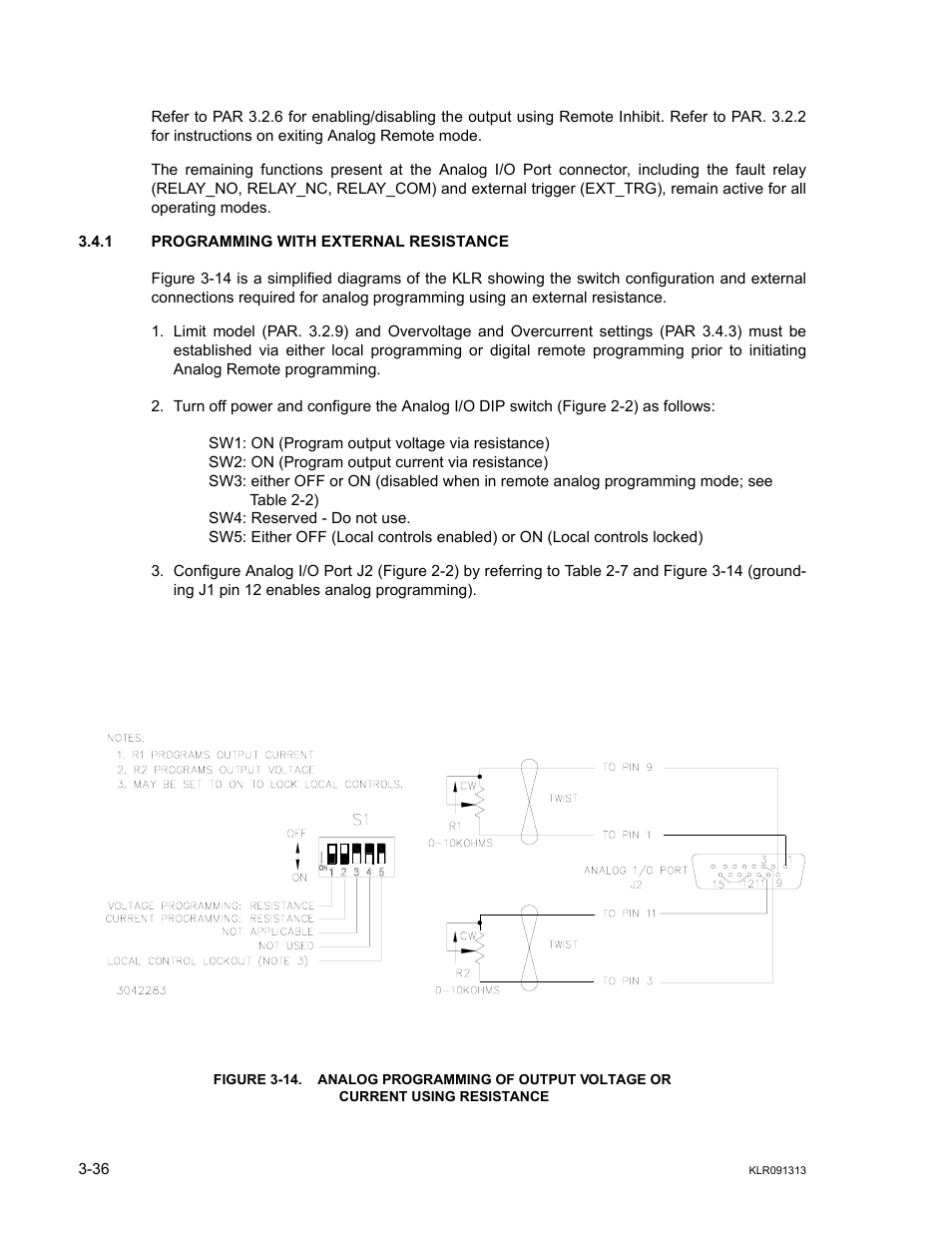 1 programming with external resistance, Programming with external resistance -36, 14 analog programming of output voltage or | Current using resistance -36, Ar. 3.4.1), 1 for r, D 3.4.1 for | KEPCO KLR Series User Manual User Manual | Page 76 / 92