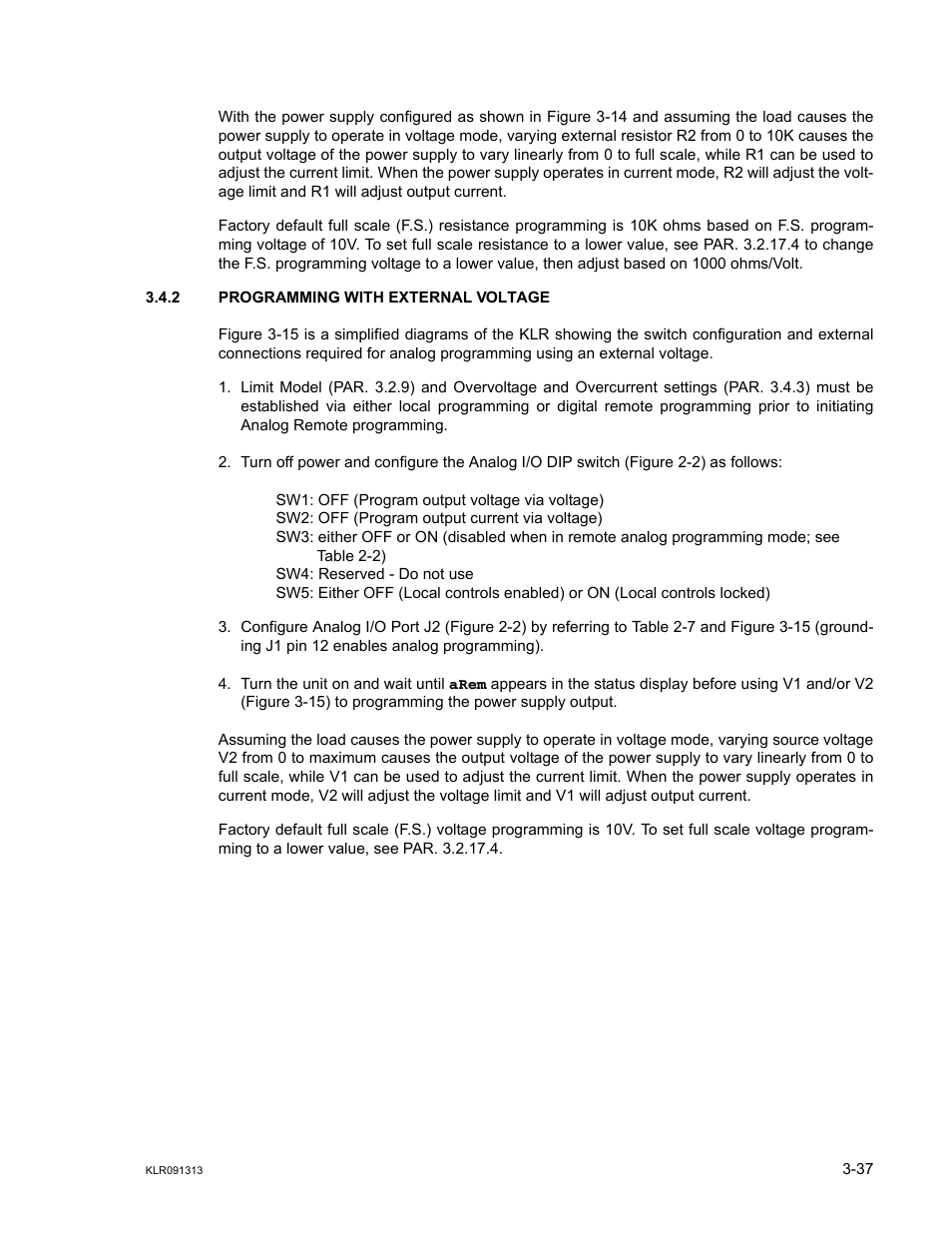 2 programming with external voltage, Programming with external voltage -37, 2) o | 2 for vo, R. 3.4.2 for volt | KEPCO KLR Series User Manual User Manual | Page 77 / 92