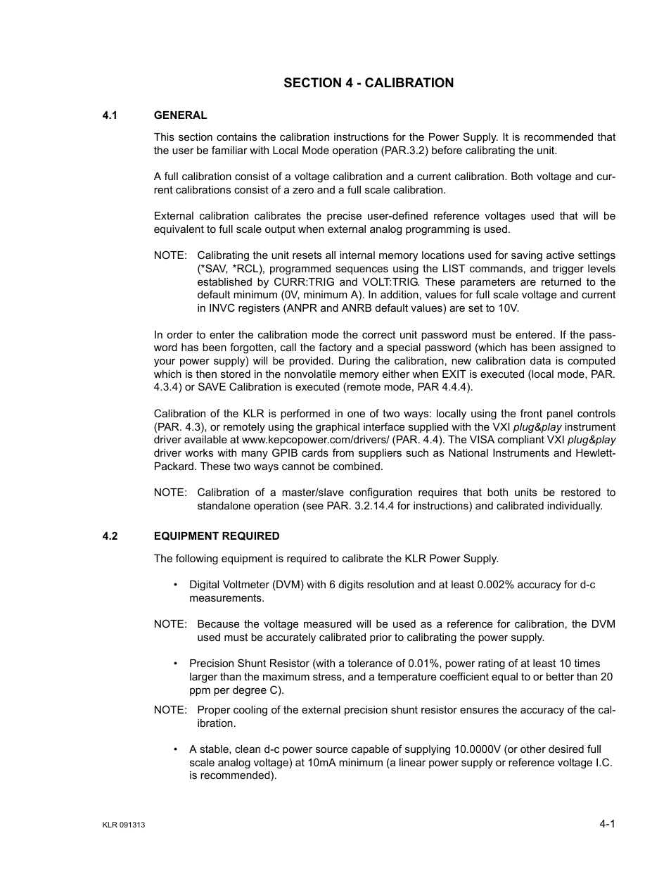 Section 4 - calibration, 1 general, 2 equipment required | General -1, Equipment required -1, Ar 4.1 | KEPCO KLR Series User Manual User Manual | Page 79 / 92