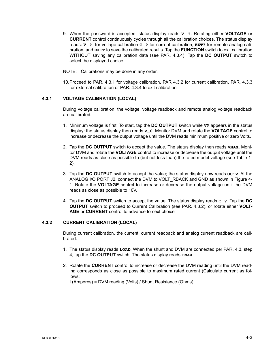 1 voltage calibration (local), 2 current calibration (local), Voltage calibration (local) -3 | Current calibration (local) -3 | KEPCO KLR Series User Manual User Manual | Page 81 / 92