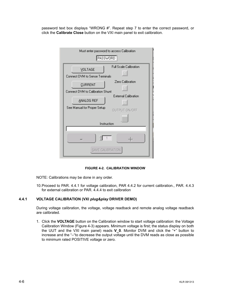 Figure 4-2. calibration window, 1 voltage calibration (vxi plug&play driver demo), Voltage calibration (vxi plug&play driver demo) -6 | Calibration window -6, E 4-2 | KEPCO KLR Series User Manual User Manual | Page 84 / 92