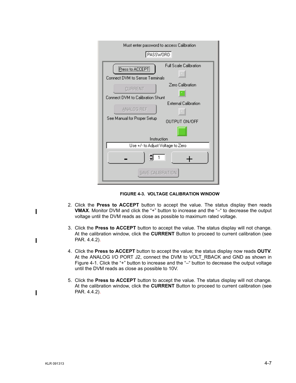 Figure 4-3. voltage calibration window, Voltage calibration window -7, E 4-3) | KEPCO KLR Series User Manual User Manual | Page 85 / 92