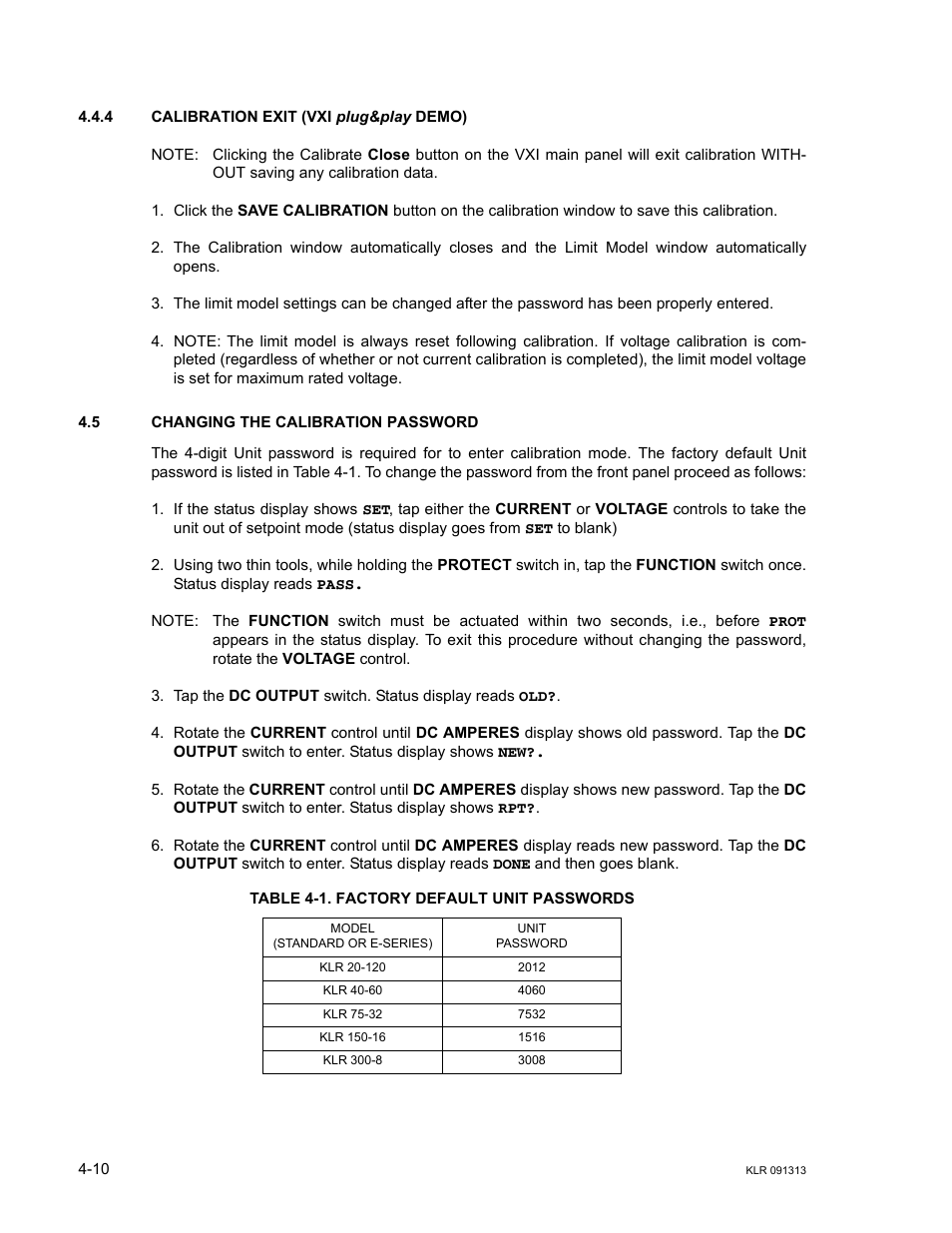 4 calibration exit (vxi plug&play demo), 5 changing the calibration password, Table 4-1. factory default unit passwords | Calibration exit (vxi plug&play demo) -10, Changing the calibration password -10, Factory default unit passwords -10, 4 to, R 4.4.4), R. 4.4.4, R. 4.4.4 to | KEPCO KLR Series User Manual User Manual | Page 88 / 92