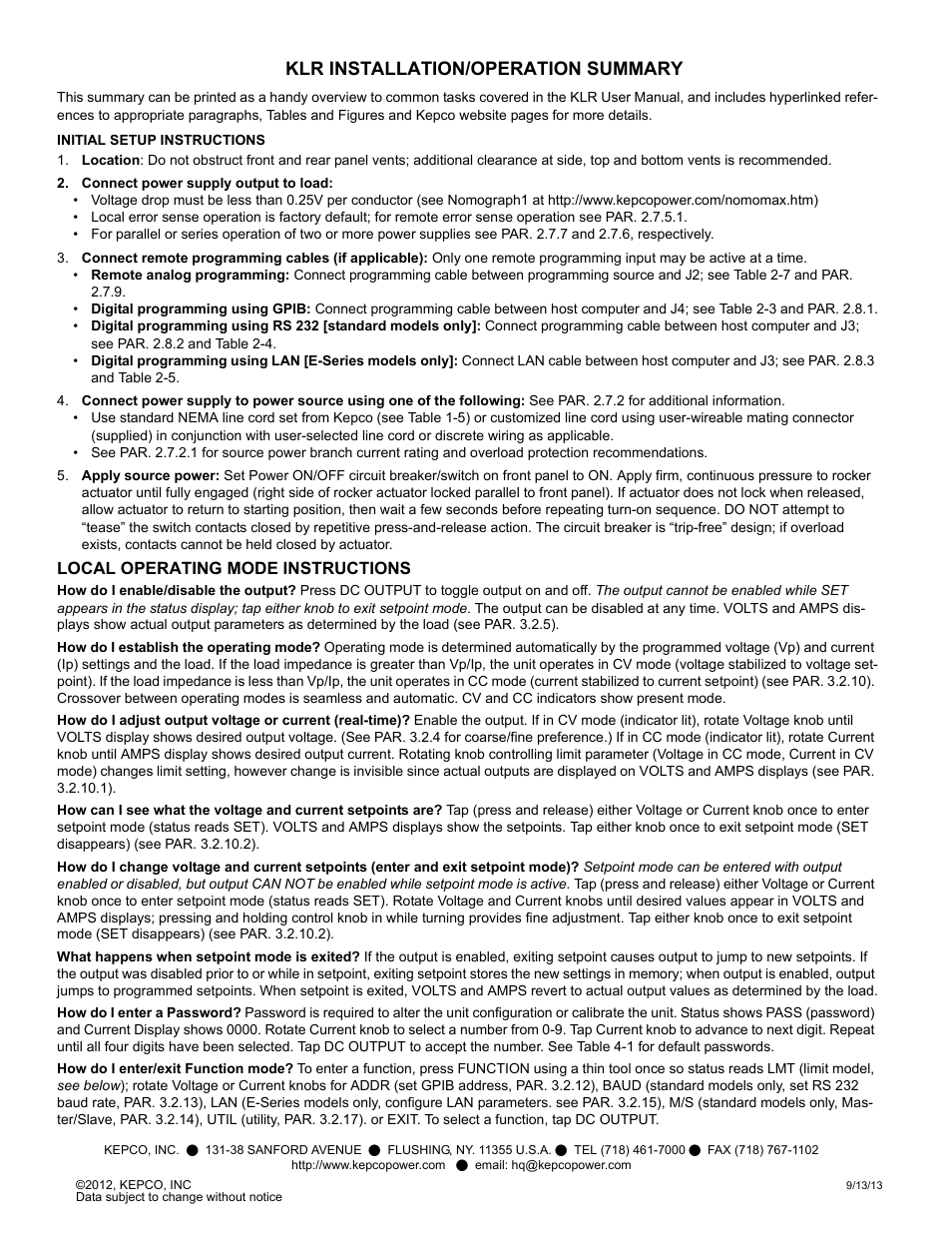 Klr installation/operation summary | KEPCO KLR Series User Manual User Manual | Page 91 / 92