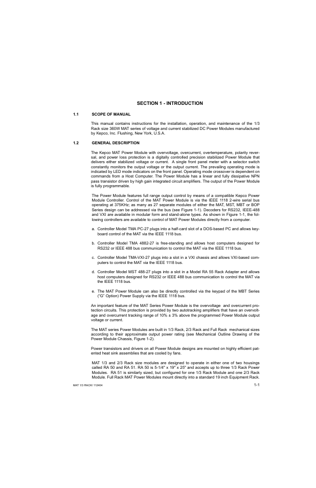 Section 1 - introduction, 1 scope of manual, 2 general description | Scope of manual -1, General description -1 | KEPCO MAT 1/3 Rack User Manual | Page 10 / 51