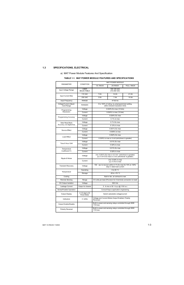 3 specifications, electrical, Specifications, electrical -3, Mat power module features and specifications -3 | KEPCO MAT 1/3 Rack User Manual | Page 12 / 51