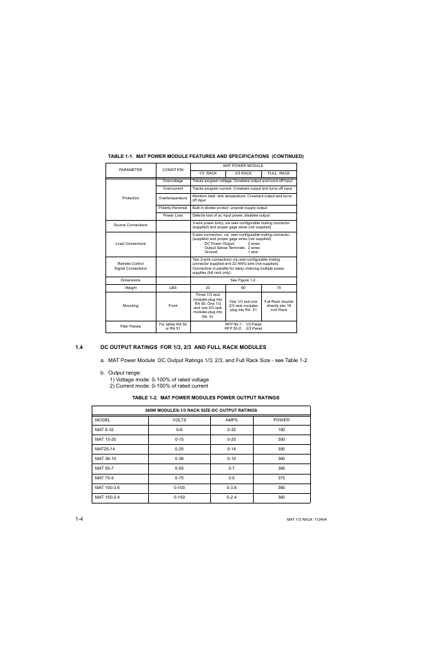 Table 1-2. mat power modules power output ratings, Mat power modules power output ratings -4 | KEPCO MAT 1/3 Rack User Manual | Page 13 / 51