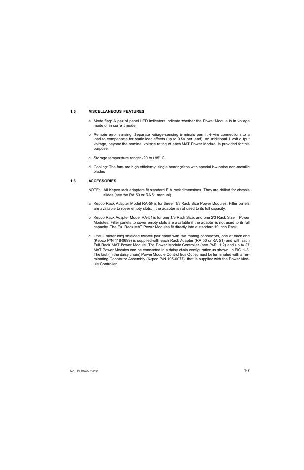 5 miscellaneous features, 6 accessories, Miscellaneous features -7 | Accessories -7 | KEPCO MAT 1/3 Rack User Manual | Page 16 / 51