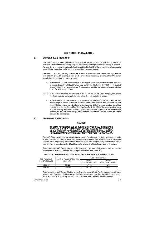 Section 2 - installation, 1 unpacking and inspection, 2 transport instructions | Unpacking and inspection -1, Transport instructions -1 | KEPCO MAT 1/3 Rack User Manual | Page 18 / 51