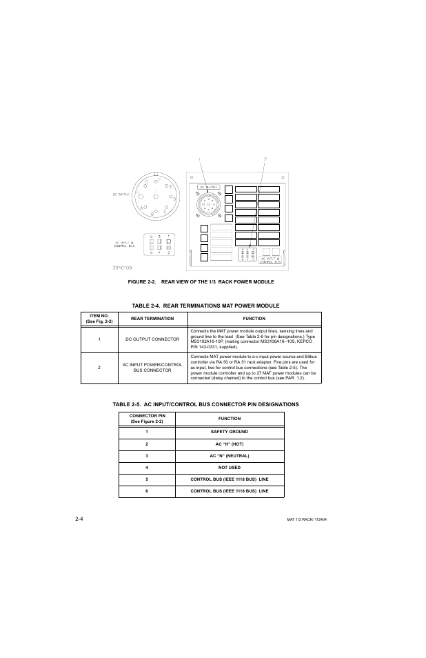 Figure 2-2. rear view of the 1/3 rack power module, Table 2-4. rear terminations mat power module, Rear view of the 1/3 rack power module -4 | Rear terminations mat power module -4, Ac input/control bus connector pin designations -4 | KEPCO MAT 1/3 Rack User Manual | Page 21 / 51