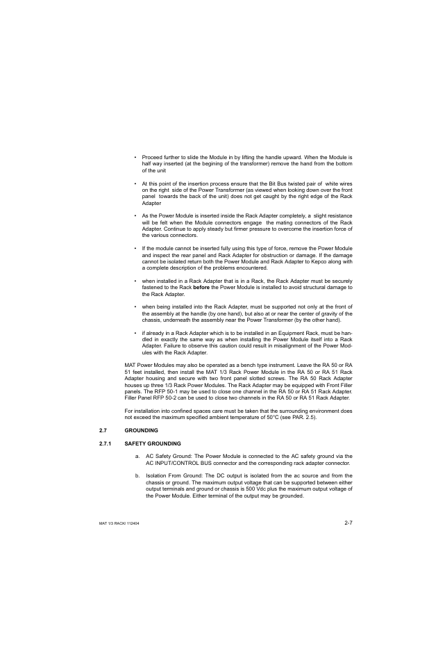 7 grounding, 1 safety grounding, Grounding -7 | Safety grounding -7 | KEPCO MAT 1/3 Rack User Manual | Page 24 / 51