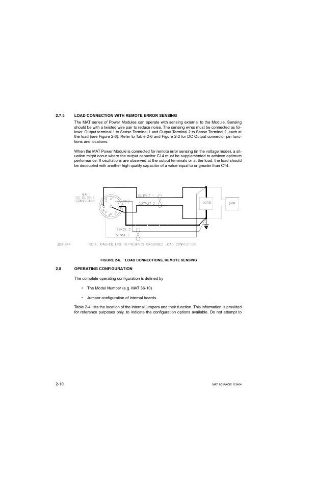5 load connection with remote error sensing, Figure 2-6. load connections, remote sensing, 8 operating configuration | Load connection with remote error sensing -10, Operating configuration -10, Load connections, remote sensing -10 | KEPCO MAT 1/3 Rack User Manual | Page 27 / 51