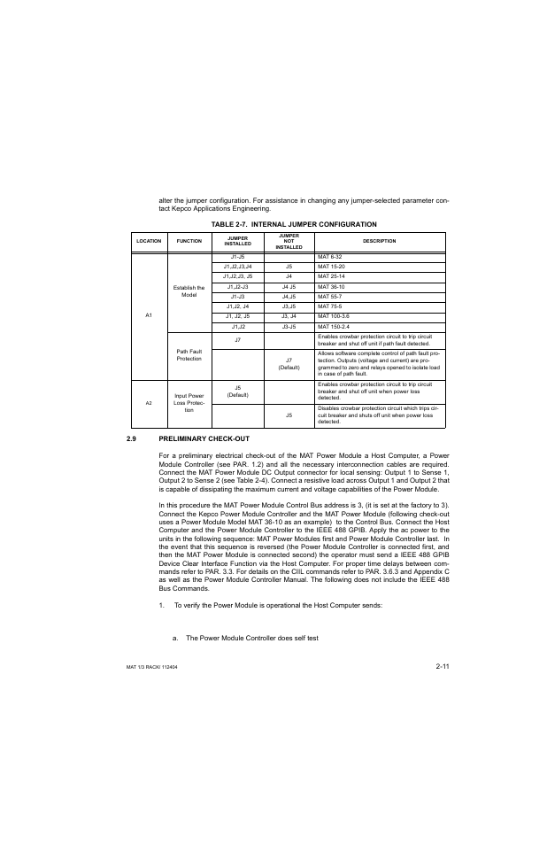 Table 2-7. internal jumper configuration, 9 preliminary check-out, Preliminary check-out -11 | Internal jumper configuration -11 | KEPCO MAT 1/3 Rack User Manual | Page 28 / 51