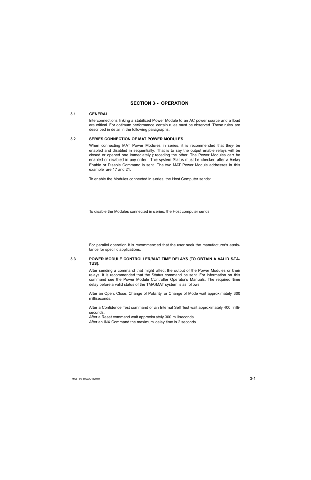 Section 3 - operation, 1 general, 2 series connection of mat power modules | General -1, Series connection of mat power modules -1, R. 3.3 | KEPCO MAT 1/3 Rack User Manual | Page 32 / 51