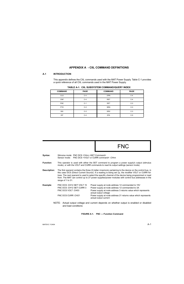 Appendix a - ciil command definitions, Table a-1. ciil subsystem command/query index, Figure a-1. fnc — function command | Ciil command definitions | KEPCO MAT 1/3 Rack User Manual | Page 46 / 51