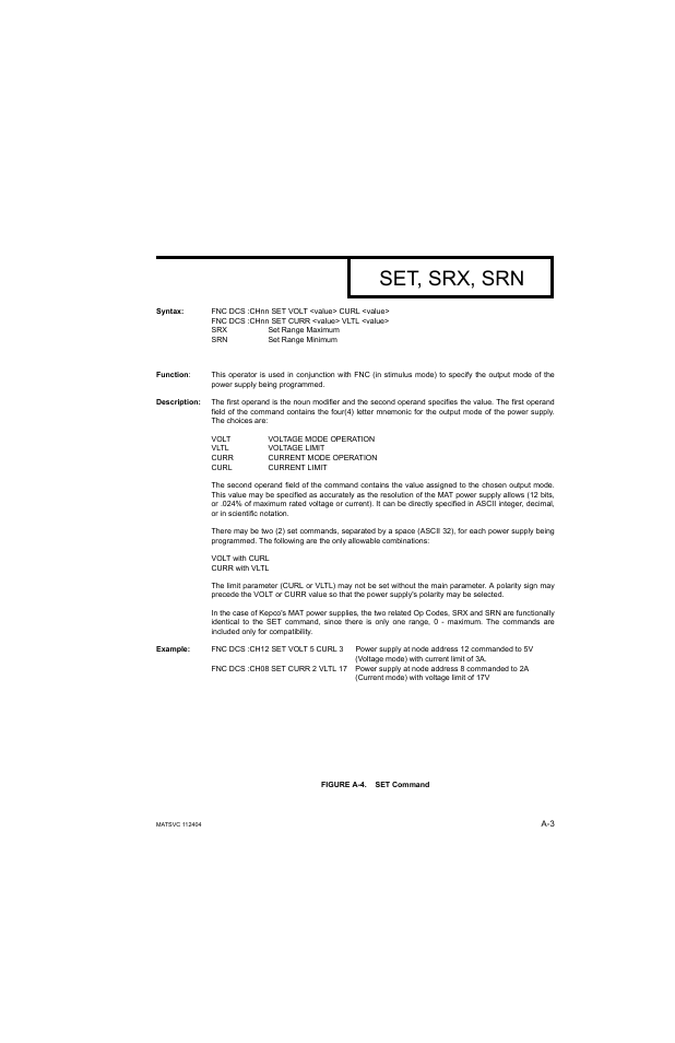 Figure a-4. set command, Set, srx, srn | KEPCO MAT 1/3 Rack User Manual | Page 48 / 51