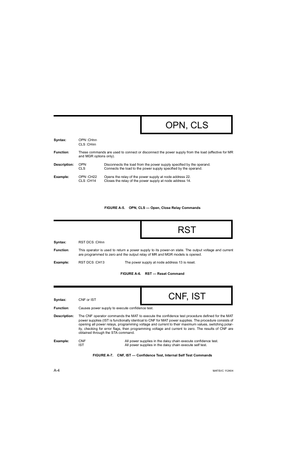 Figure a-5. opn, cls — open, close relay commands, Figure a-6. rst — reset command, Opn, cls | Cnf, ist | KEPCO MAT 1/3 Rack User Manual | Page 49 / 51