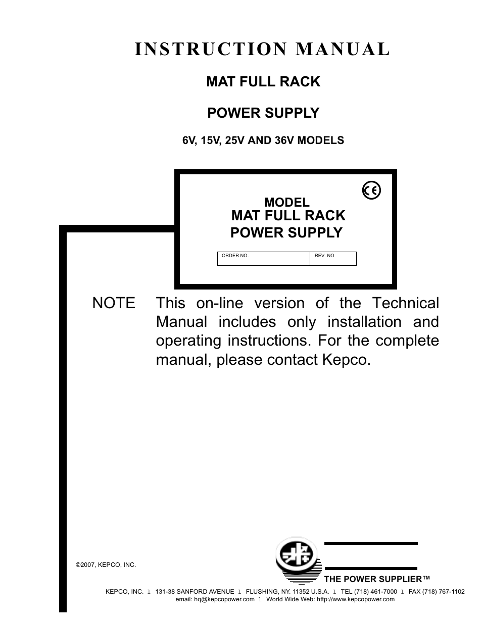 KEPCO MAT Full Rack MAT 6V, 15V, 25V AND 36V MODELS User Manual | 46 pages
