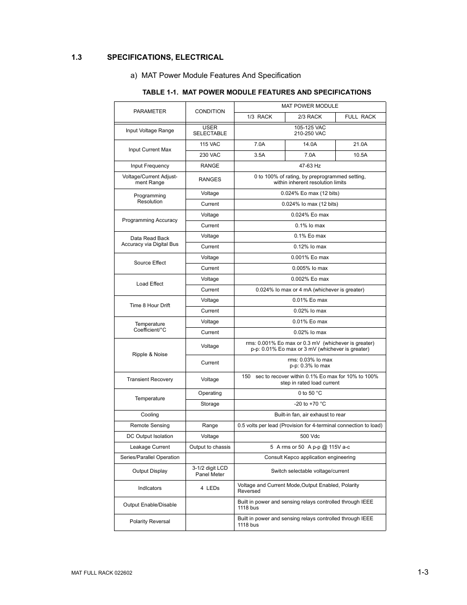 3 specifications, electrical | KEPCO MAT Full Rack MAT 6V, 15V, 25V AND 36V MODELS User Manual | Page 11 / 46