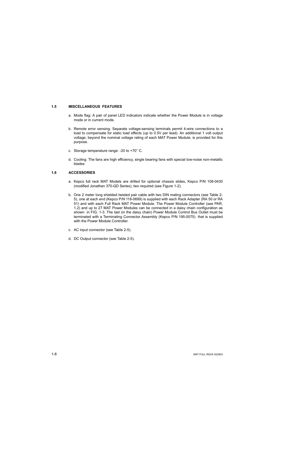 5 miscellaneous features, 6 accessories | KEPCO MAT Full Rack MAT 6V, 15V, 25V AND 36V MODELS User Manual | Page 16 / 46