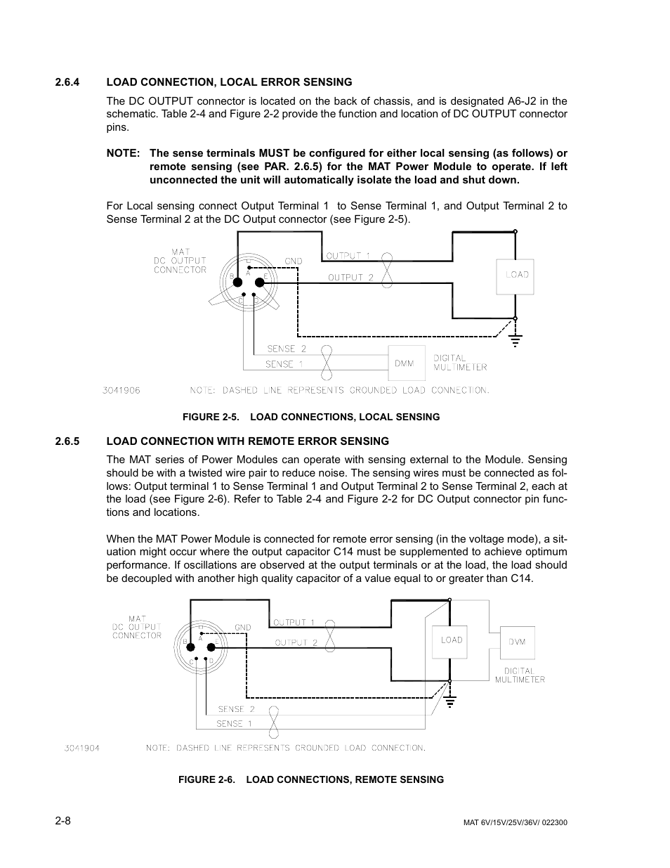 4 load connection, local error sensing, Figure 2-5. load connections, local sensing, 5 load connection with remote error sensing | Figure 2-6. load connections, remote sensing | KEPCO MAT Full Rack MAT 6V, 15V, 25V AND 36V MODELS User Manual | Page 25 / 46