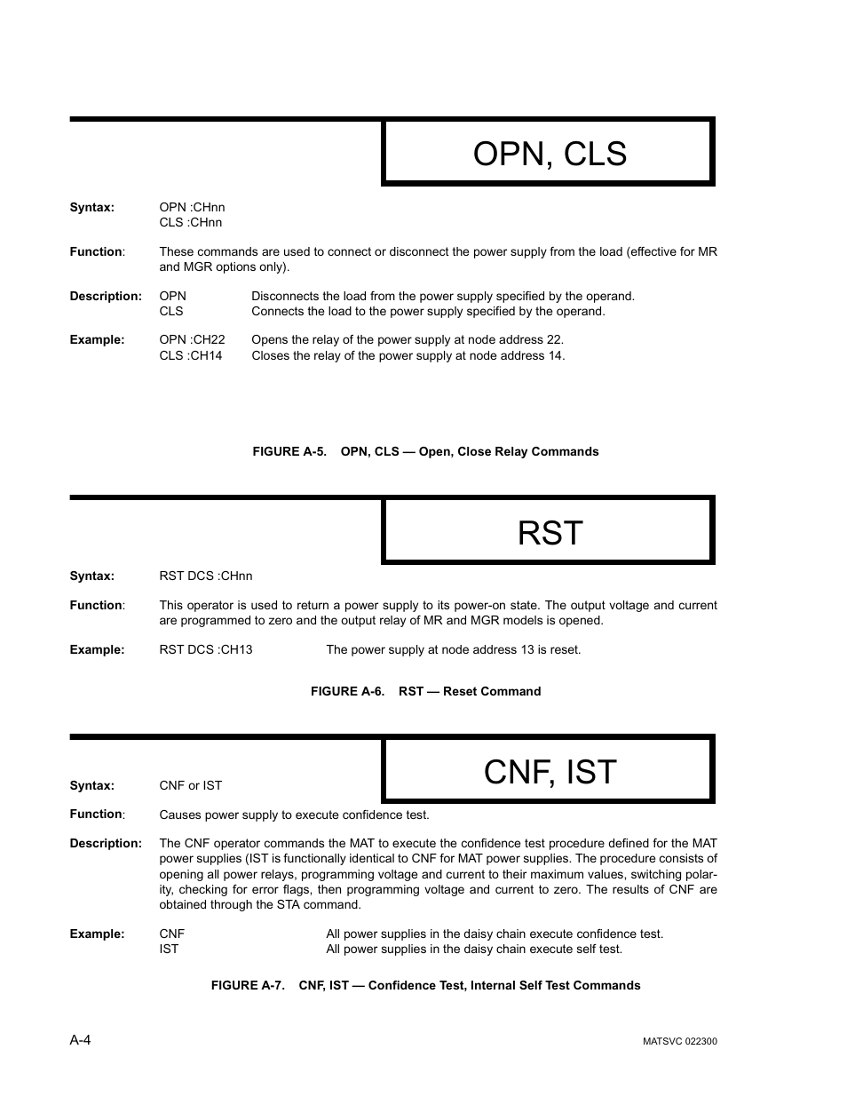 Figure a-5. opn, cls — open, close relay commands, Figure a-6. rst — reset command, Opn, cls | Cnf, ist | KEPCO MAT Full Rack MAT 6V, 15V, 25V AND 36V MODELS User Manual | Page 45 / 46