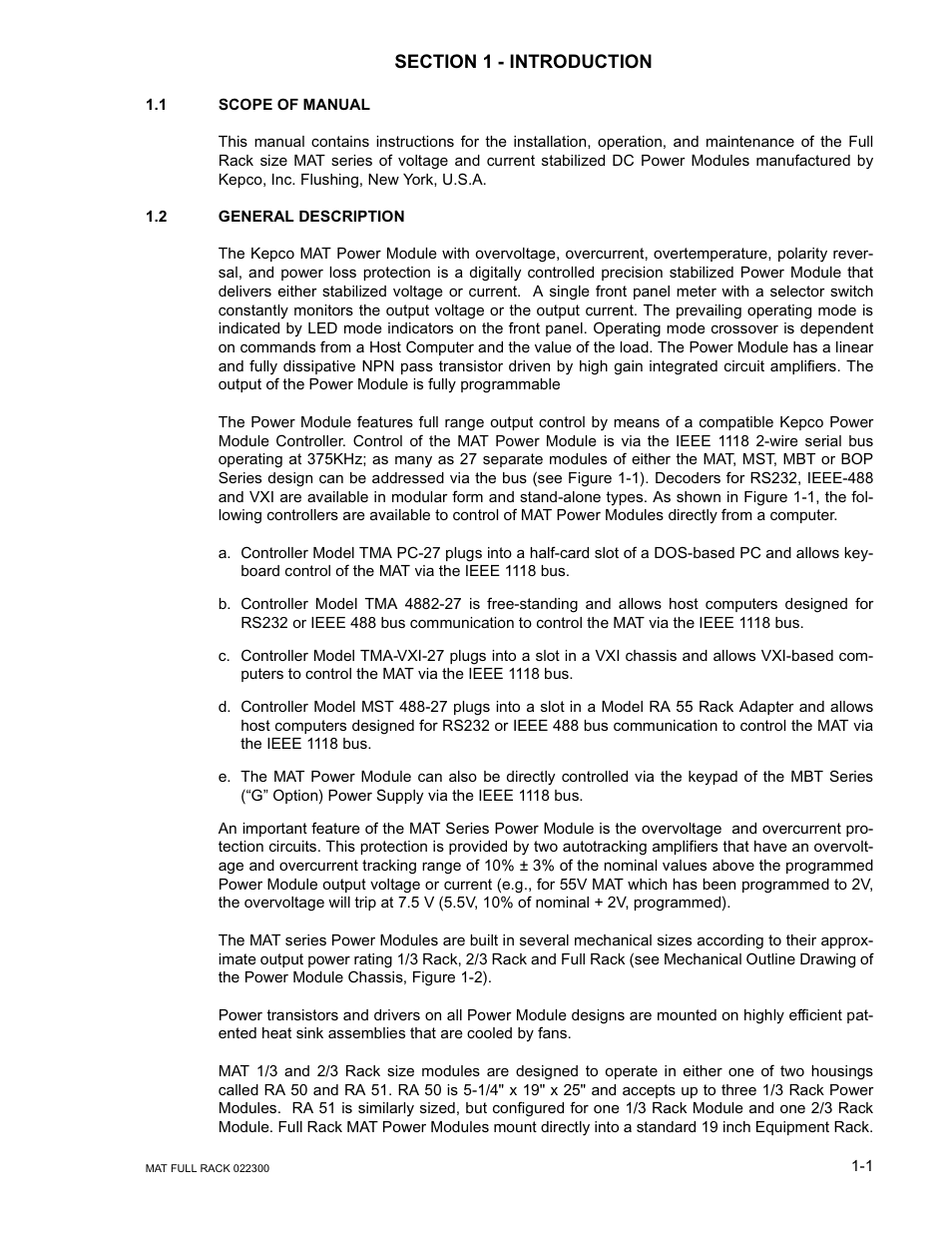 Section 1 - introduction, 1 scope of manual, 2 general description | KEPCO MAT Full Rack MAT 6V, 15V, 25V AND 36V MODELS User Manual | Page 9 / 46
