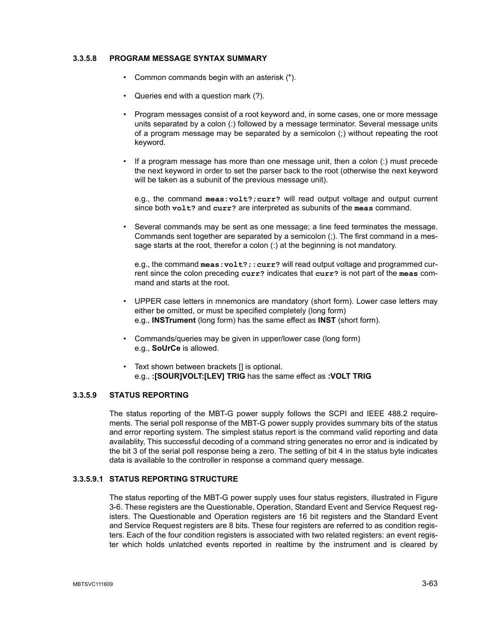 8 program message syntax summary, 9 status reporting, 1 status reporting structure | Program message syntax summary -63, Status reporting -63, Status reporting structure -63 | KEPCO MBT Series User Manual | Page 101 / 152