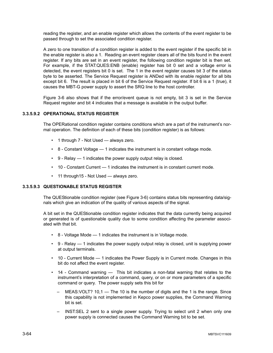2 operational status register, 3 questionable status register, Operational status register -64 | Questionable status register -64 | KEPCO MBT Series User Manual | Page 102 / 152