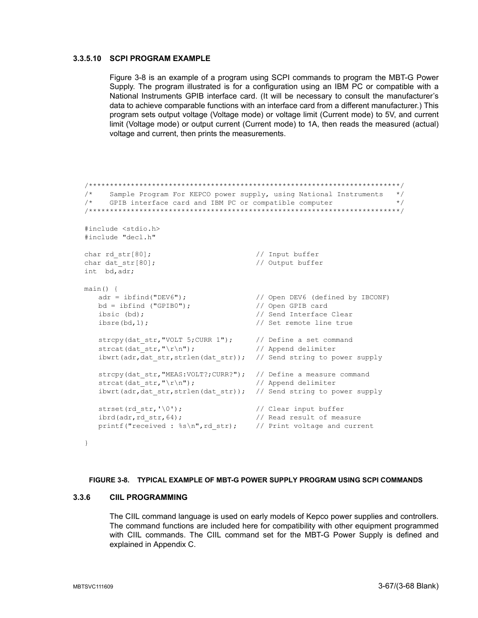10 scpi program example, 6 ciil programming, Scpi program example -67 | Ciil programming -67 | KEPCO MBT Series User Manual | Page 105 / 152