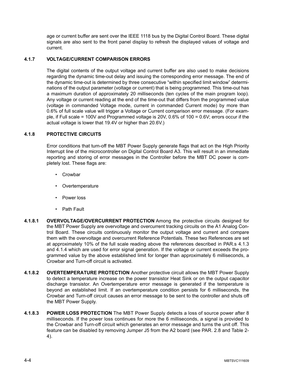 7 voltage/current comparison errors, 8 protective circuits, 1 overvoltage/overcurrent protection | 2 overtemperature protection, 3 power loss protection, Voltage/current comparison errors -4, Protective circuits -4, Overvoltage/overcurrent protection -4, Overtemperature protection -4, Power loss protection -4 | KEPCO MBT Series User Manual | Page 110 / 152