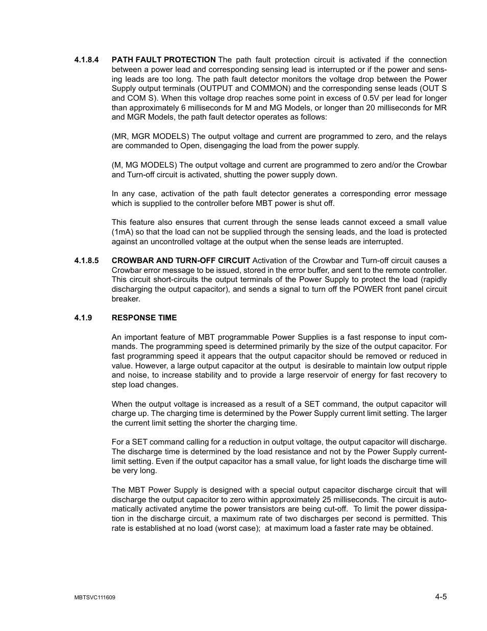 4 path fault protection, 5 crowbar and turn-off circuit, 9 response time | Path fault protection -5, Crowbar and turn-off circuit -5, Response time -5 | KEPCO MBT Series User Manual | Page 111 / 152