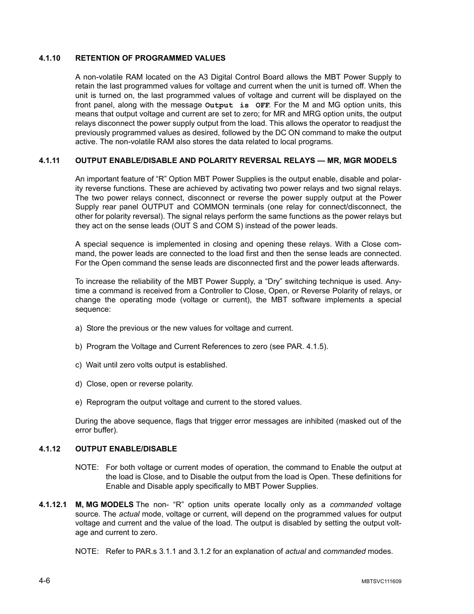 10 retention of programmed values, 12 output enable/disable, 1 m, mg models | Retention of programmed values -6, Output enable/disable -6, M, mg models -6 | KEPCO MBT Series User Manual | Page 112 / 152