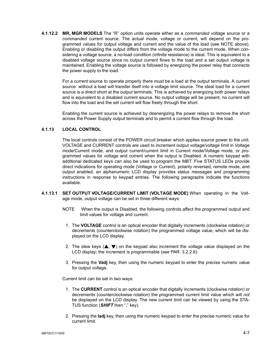 2 mr, mgr models, 13 local control, 1 set output voltage/current limit (voltage mode) | Mr, mgr models -7, Local control -7, Set output voltage/current limit (voltage mode) -7 | KEPCO MBT Series User Manual | Page 113 / 152
