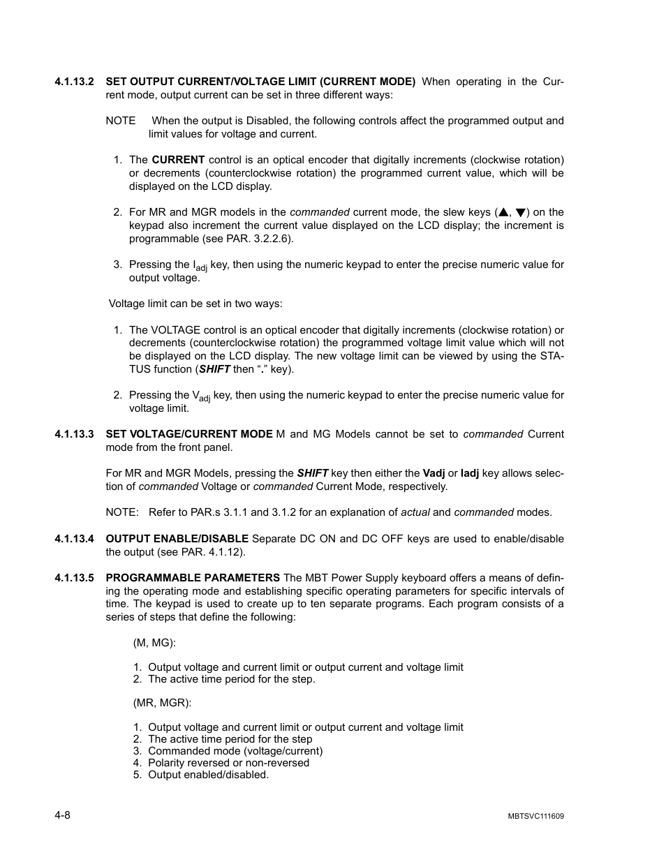 2 set output current/voltage limit (current mode), 3 set voltage/current mode, 4 output enable/disable | 5 programmable parameters, Set output current/voltage limit (current mode) -8, Set voltage/current mode -8, Output enable/disable -8, Programmable parameters -8 | KEPCO MBT Series User Manual | Page 114 / 152