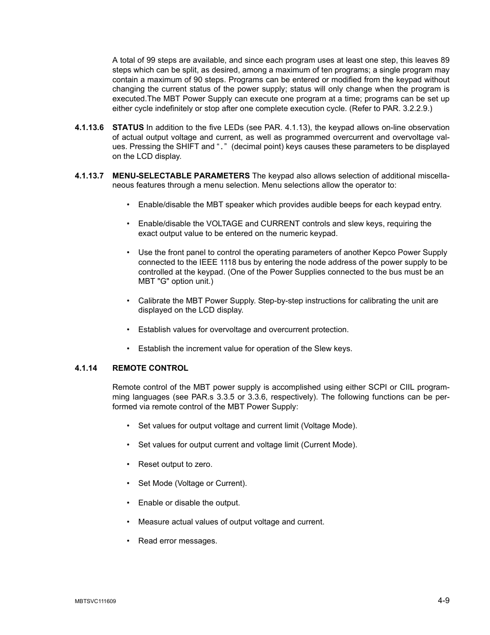 6 status, 7 menu-selectable parameters, 14 remote control | Status -9, Menu-selectable parameters -9, Remote control -9 | KEPCO MBT Series User Manual | Page 115 / 152