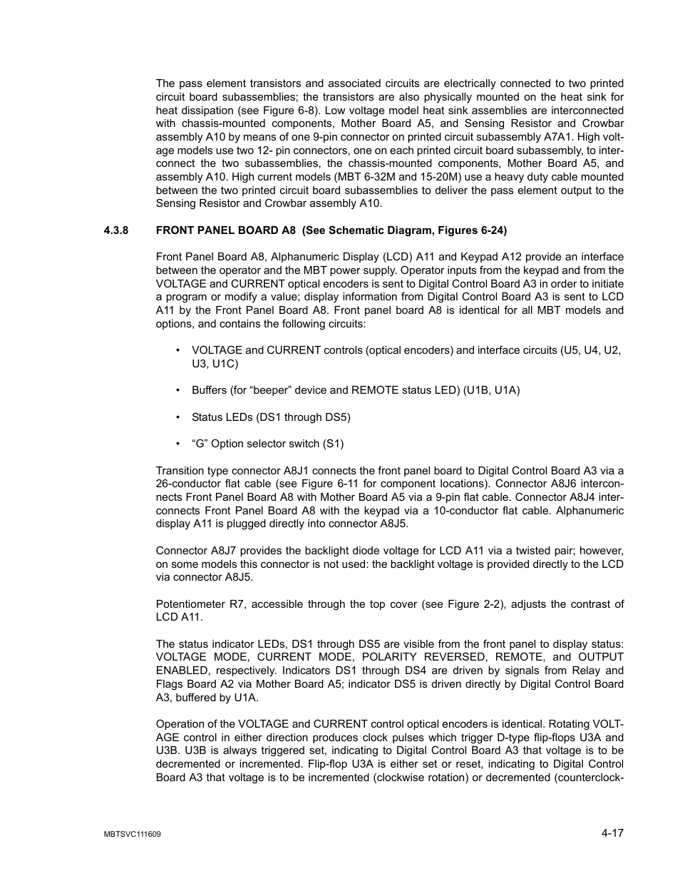 8 front panel board a8, Front panel board a8 -17 | KEPCO MBT Series User Manual | Page 123 / 152