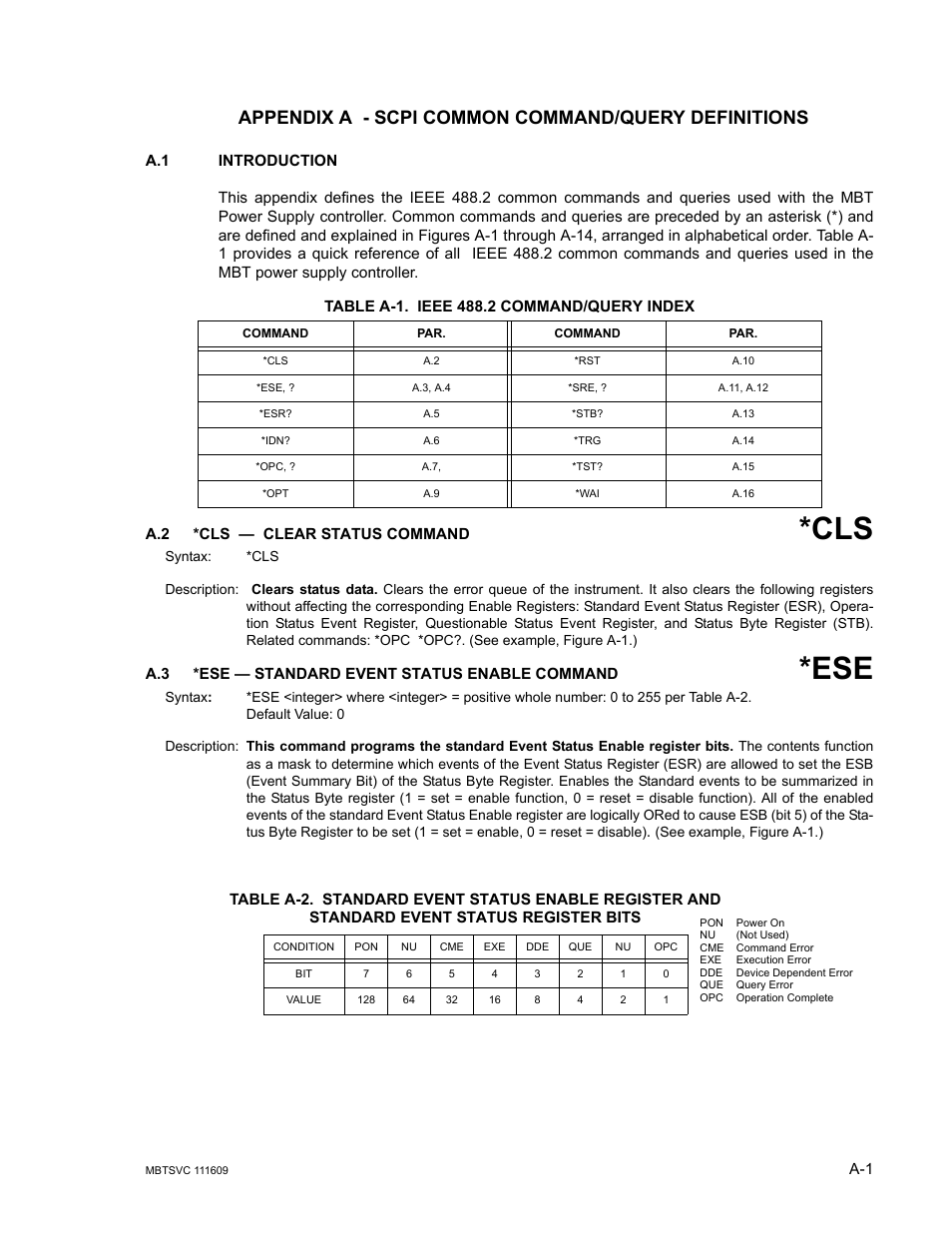 Appendix a - scpi common command/query definitions, A.1 introduction, Table a-1. ieee 488.2 command/query index | A.2 *cls — clear status command, A.3 *ese — standard event status enable command | KEPCO MBT Series User Manual | Page 127 / 152