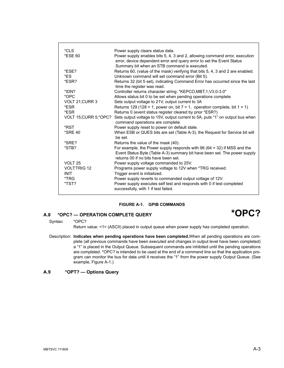 Figure a-1. gpib commands, A.8 *opc? — operation complete query, A.9 *opt? — options query | A-1.), Gure a-1.), Ure a-1.) | KEPCO MBT Series User Manual | Page 129 / 152