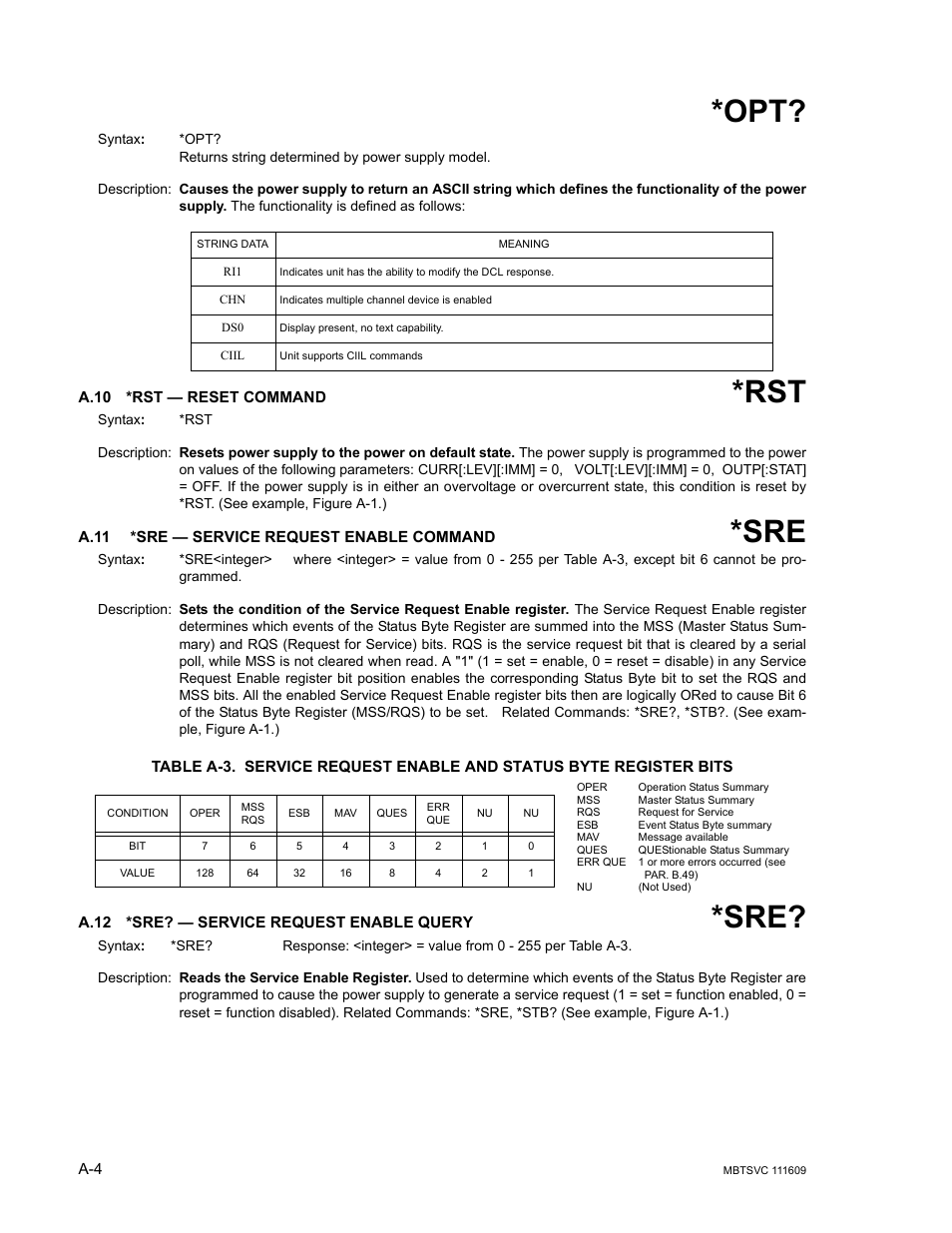 A.10 *rst — reset command, A.11 *sre — service request enable command, A.12 *sre? — service request enable query | A.10, A.11, A.12, A.11, a.12 | KEPCO MBT Series User Manual | Page 130 / 152