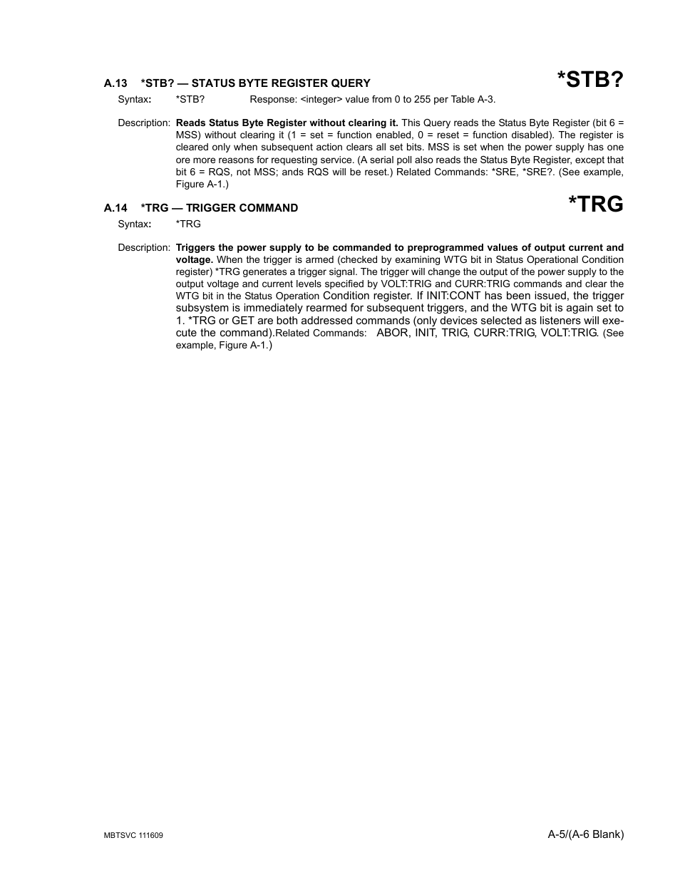 A.13 *stb? — status byte register query, A.14 *trg — trigger command, A.13 | A.14 | KEPCO MBT Series User Manual | Page 131 / 152
