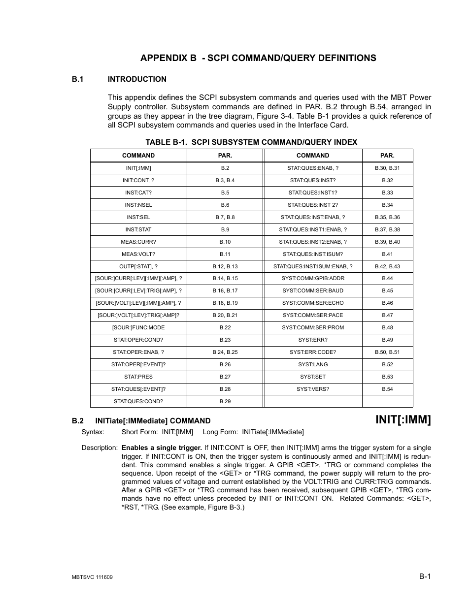 Appendix b - scpi command/query definitions, B.1 introduction, Table b-1. scpi subsystem command/query index | B.2 initiate[:immediate] command, Init, Init[:imm | KEPCO MBT Series User Manual | Page 133 / 152