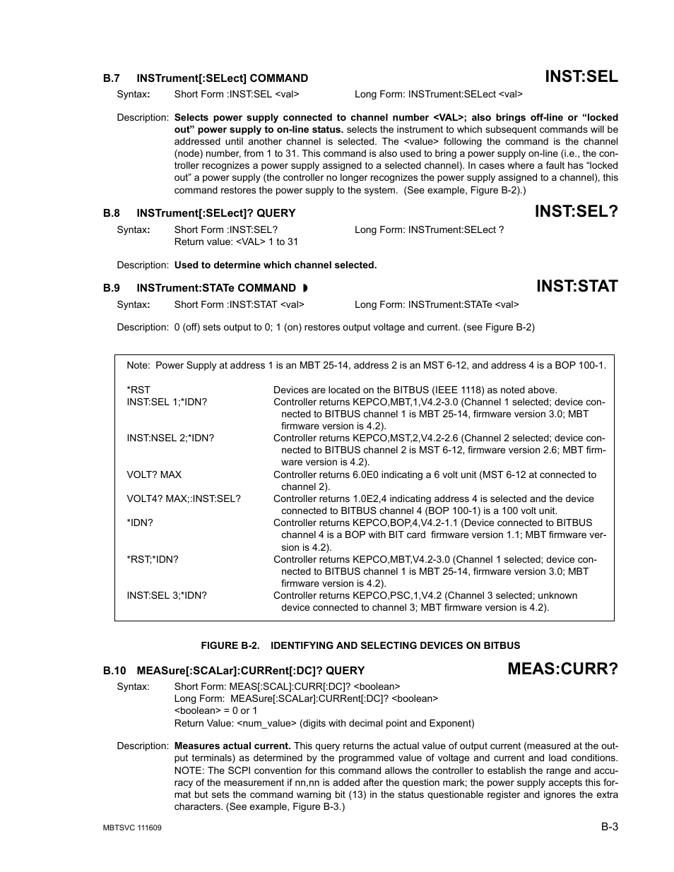 B.7 instrument[:select] command, B.8 instrument[:select]? query, B.9 instrument:state command | B.10 measure[:scalar]:current[:dc]? query, Instrument, B.10, Measure[:scalar]:c, B.7, b.8, Gure b-2), Inst:sel | KEPCO MBT Series User Manual | Page 135 / 152