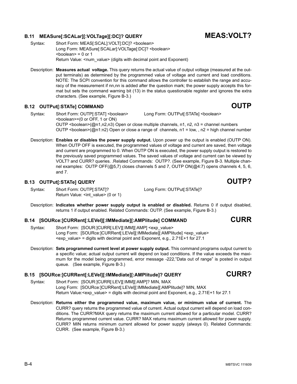 B.11 measure[:scalar][:voltage][:dc]? query, B.12 output[:state] command, B.13 output[:state] query | B.11, Measure[:scalar][:volt, B.12, Output, B.13, B.14, Source:]cu | KEPCO MBT Series User Manual | Page 136 / 152