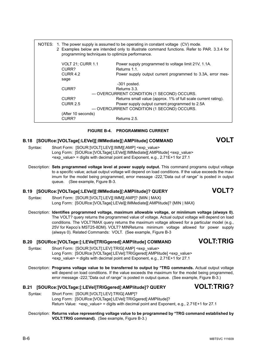 Figure b-4. programming current, B.18, Source | B.19, B.20, B.21, B.18, b.19, Volt, Volt:trig | KEPCO MBT Series User Manual | Page 138 / 152