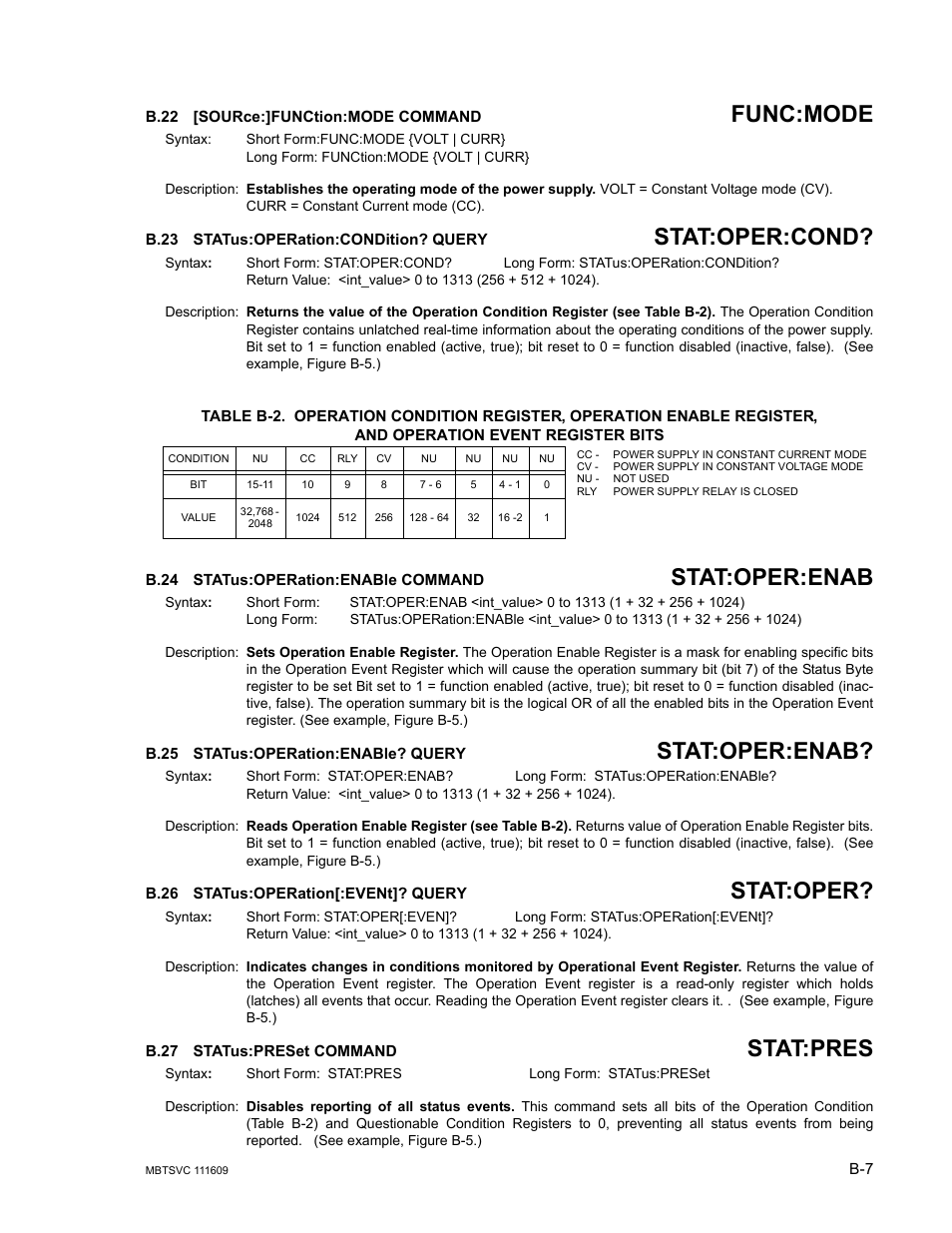 B.22 [source:]function:mode command, B.23 status:operation:condition? query, B.24 status:operation:enable command | B.25 status:operation:enable? query, B.26 status:operation[:event]? query, B.27 status:preset command, B.22, Source:]functio, B.23, Stat | KEPCO MBT Series User Manual | Page 139 / 152