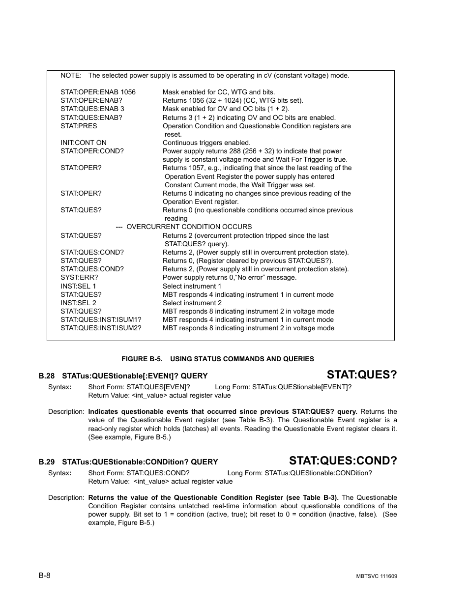 Figure b-5. using status commands and queries, B.28 status:questionable[:event]? query, B.29 status:questionable:condition? query | B.28, Stat, B.29, Stat:ques, Stat:ques:cond | KEPCO MBT Series User Manual | Page 140 / 152