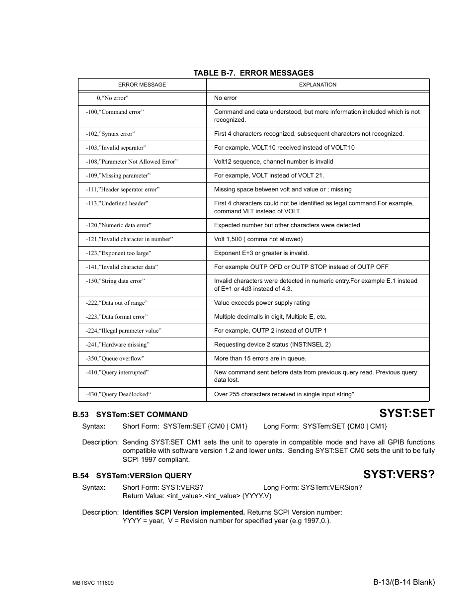 Table b-7. error messages, B.53 system:set command, B.54 system:version query | B.53, System:set command, B.54, System:version, Gh b.54, arr, Syst:set, Syst:vers | KEPCO MBT Series User Manual | Page 145 / 152