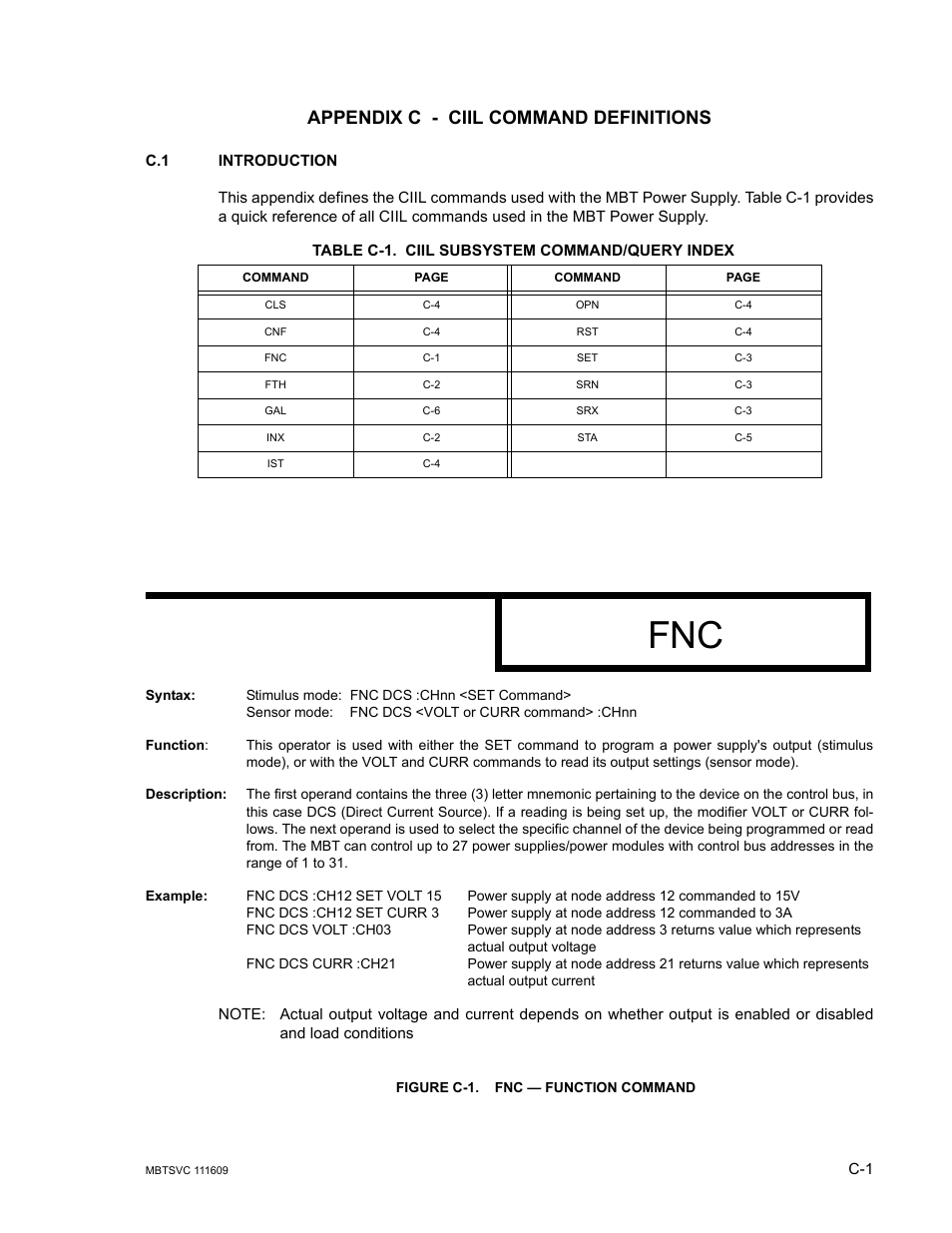 Appendix c - ciil command definitions, Table c-1. ciil subsystem command/query index, Figure c-1. fnc — function command | KEPCO MBT Series User Manual | Page 147 / 152