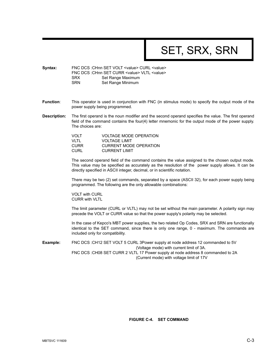 Figure c-4. set command, Set, srx, srn | KEPCO MBT Series User Manual | Page 149 / 152